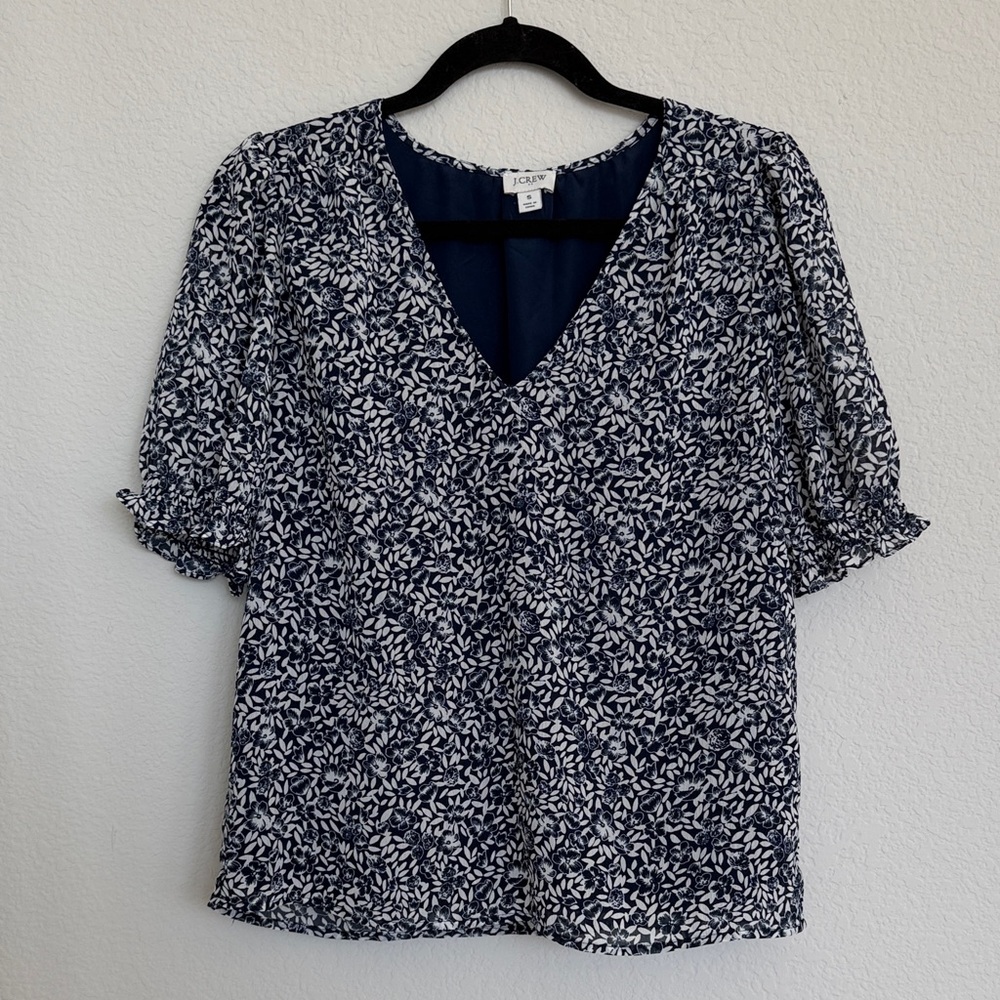 J. Crew Navy White Floral Patterned Shirt